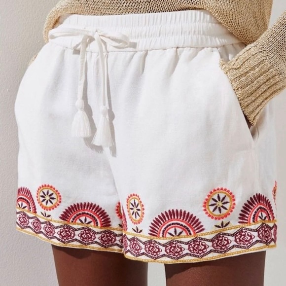 LOFT Pants - LOFT Sunset Floral Embroidered White Red Linen Boho Drawstring Pull On Shorts XL
